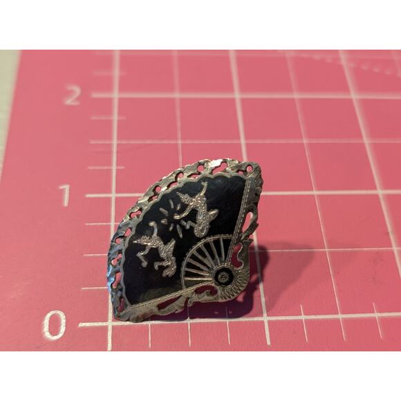 Vintage Siam Niello Sterling Silver Black Enamel Fan Screw Back Earrings - Picture 4 of 5